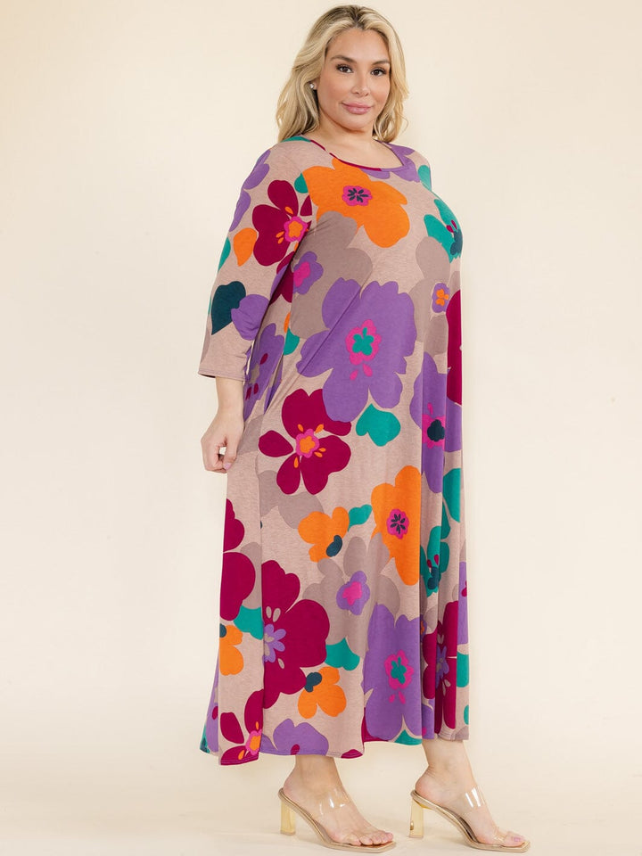 PLUS SIZE 3/4 SLEEVE SQUARE NECK FRONT POCKETS FLOWER PRINT TUNIC MAXI DRESS
