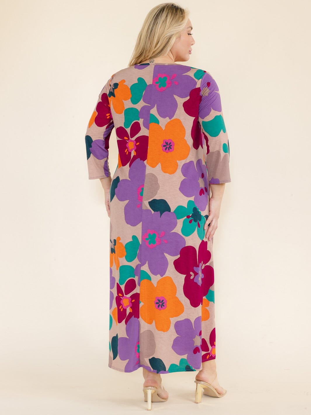 PLUS SIZE 3/4 SLEEVE SQUARE NECK FRONT POCKETS FLOWER PRINT TUNIC MAXI DRESS