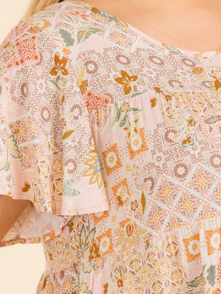 PLUS SIZE SHORT SLEEVE TIERED MULTI PRINT TUNIC BLOUSE