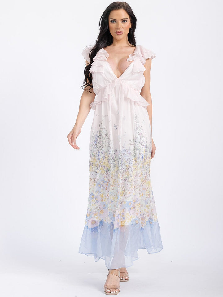 WOMEN'S SLEEVELESS V-NECK RUFFLE OPEN BACK FLORAL MAXI DRESS