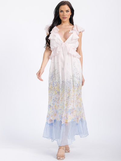 WOMEN'S SLEEVELESS V-NECK RUFFLE OPEN BACK FLORAL MAXI DRESS