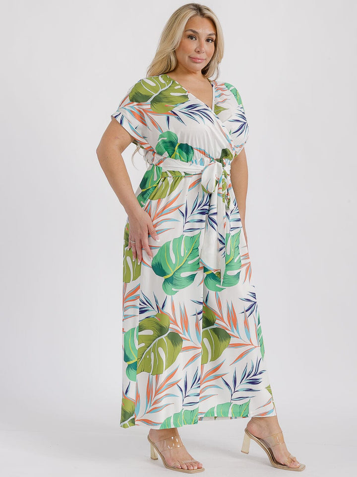PLUS SIZE SHORT SLEEVE SURPLICE ELASTIC WAIST LEAF PRINT WIDE LEG JUMPSUIT