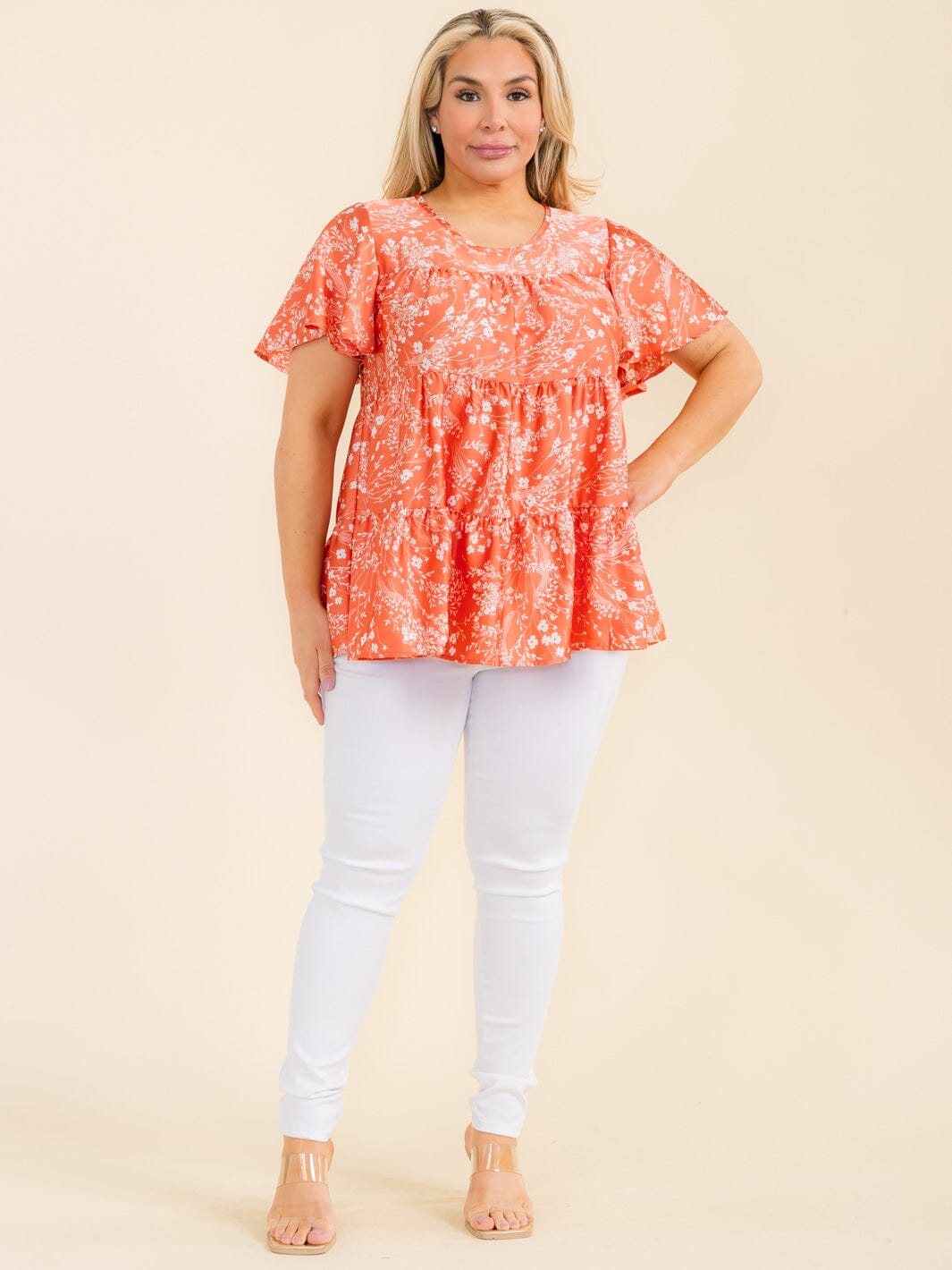 PLUS SIZE SHORT SLEEVE TIERED FLORAL PRINT TUNIC BLOUSE