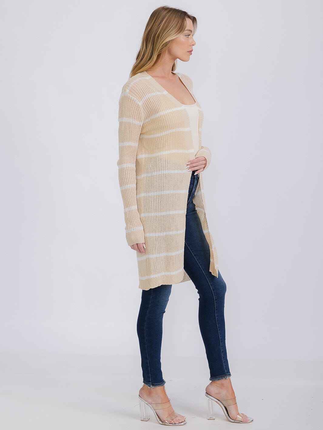 WOMEN'S LONG SLEEVE OPEN COLORBLOCK STRIPES KNIT CARDIGAN