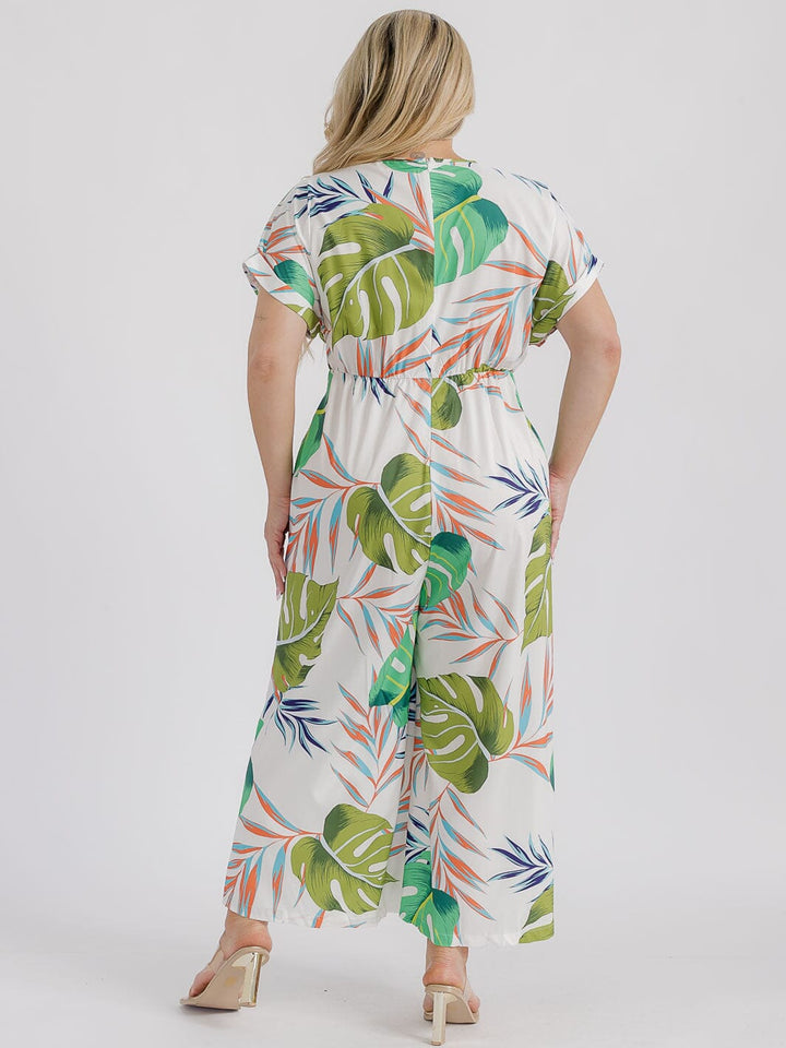 PLUS SIZE SHORT SLEEVE SURPLICE ELASTIC WAIST LEAF PRINT WIDE LEG JUMPSUIT