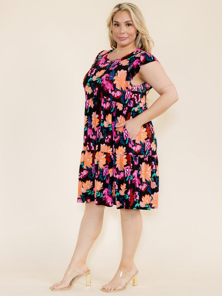 PLUS SIZE RUFFLE SLEEVE FLORAL PRINT TUNIC HIGH-LOW FRONT POCKETS MINI DRESS