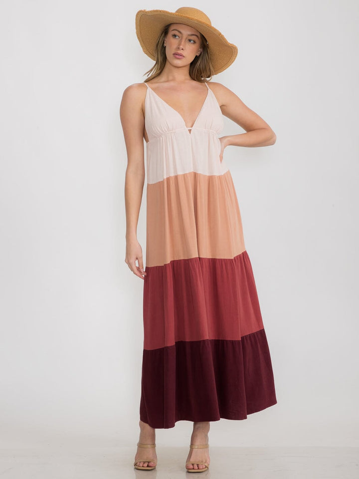 WOMEN'S SLEEVELESS V-NECK OPEN BACK COLORBLOCK MAXI DRESS