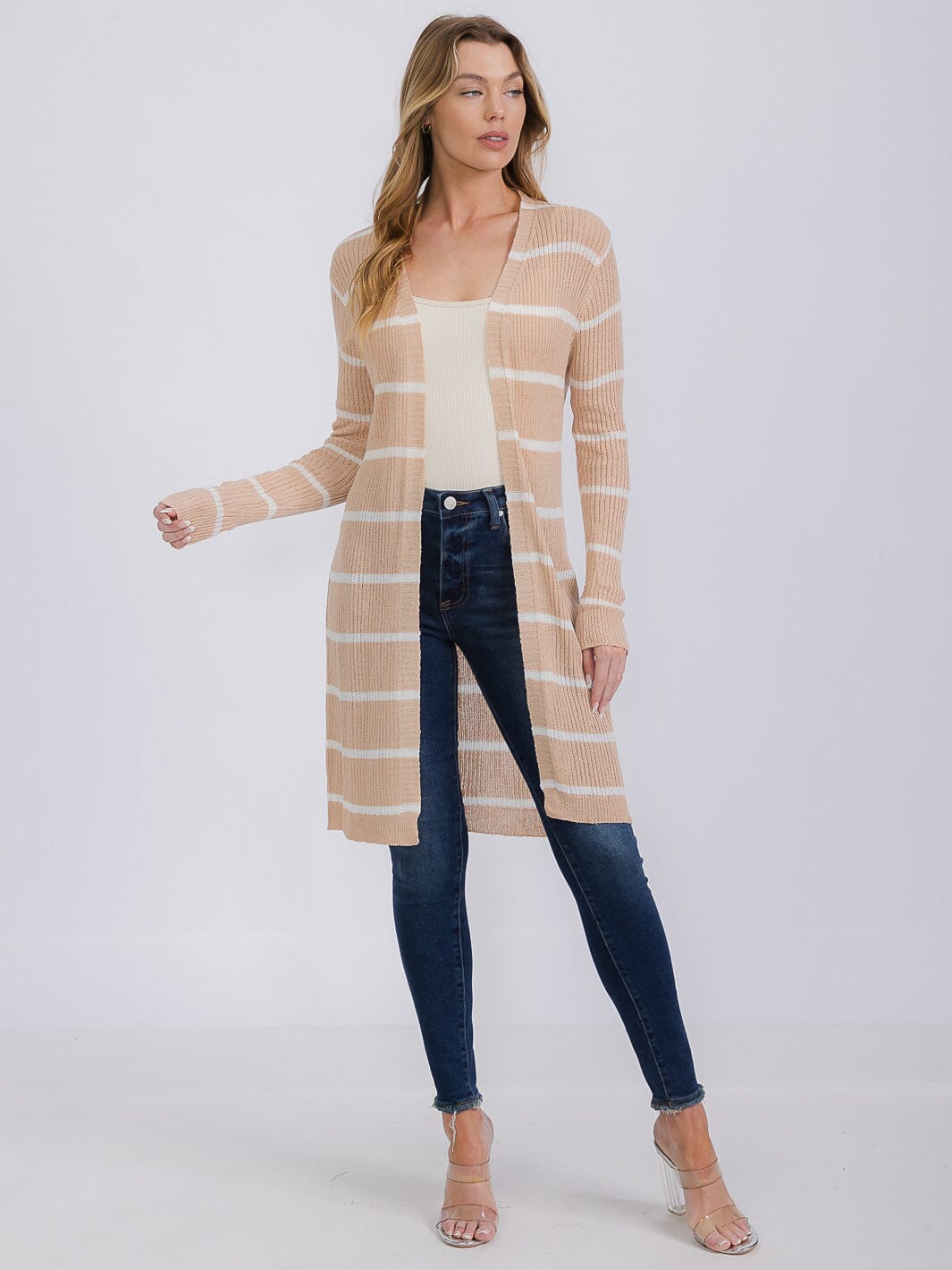 WOMEN'S LONG SLEEVE OPEN COLORBLOCK STRIPES KNIT CARDIGAN