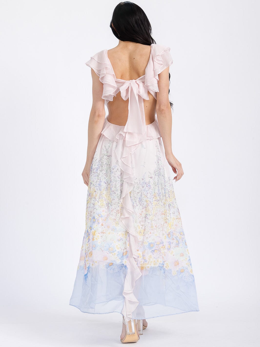 WOMEN'S SLEEVELESS V-NECK RUFFLE OPEN BACK FLORAL MAXI DRESS