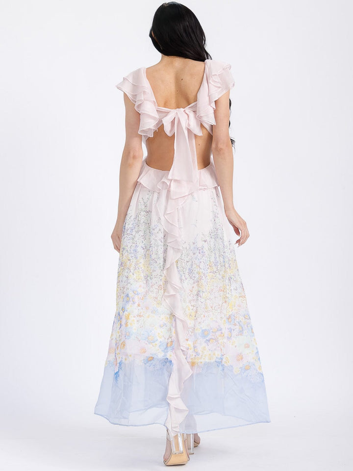 WOMEN'S SLEEVELESS V-NECK RUFFLE OPEN BACK FLORAL MAXI DRESS