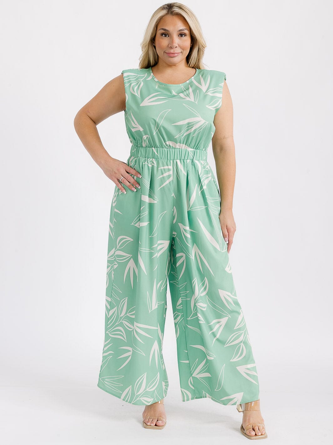 PLUS SIZE SLEEVELESS ELASTIC WAIST FRONT POCKETS LEAF PRINT WIDE LEG JUMPSUIT