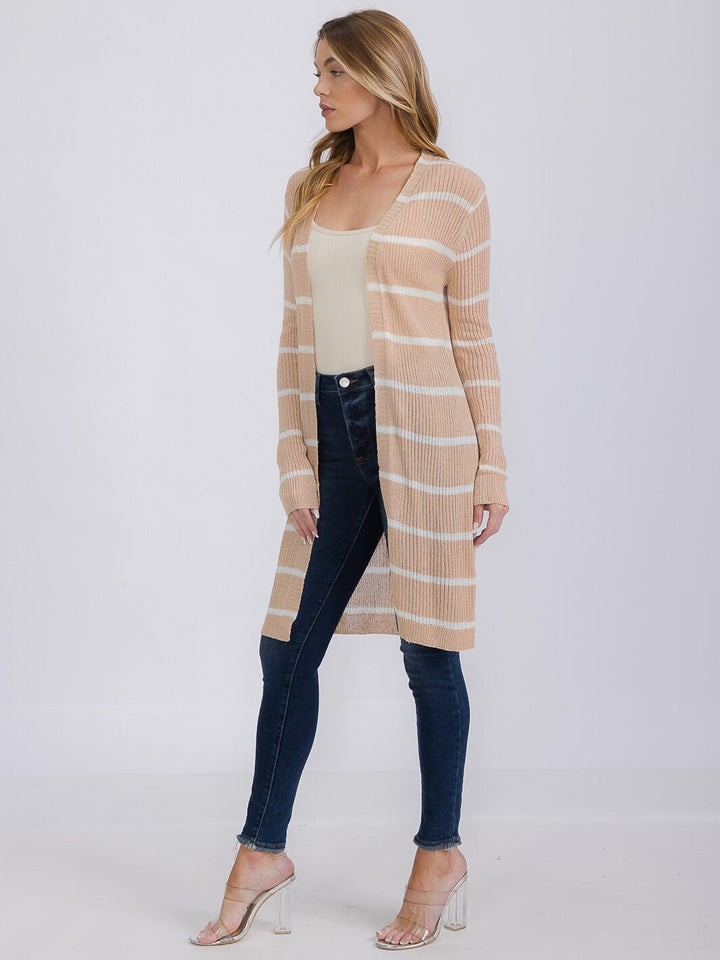 WOMEN'S LONG SLEEVE OPEN COLORBLOCK STRIPES KNIT CARDIGAN