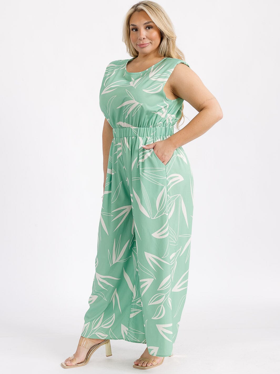 PLUS SIZE SLEEVELESS ELASTIC WAIST FRONT POCKETS LEAF PRINT WIDE LEG JUMPSUIT