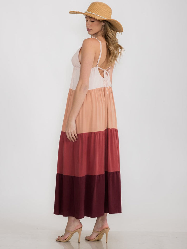 WOMEN'S SLEEVELESS V-NECK OPEN BACK COLORBLOCK MAXI DRESS