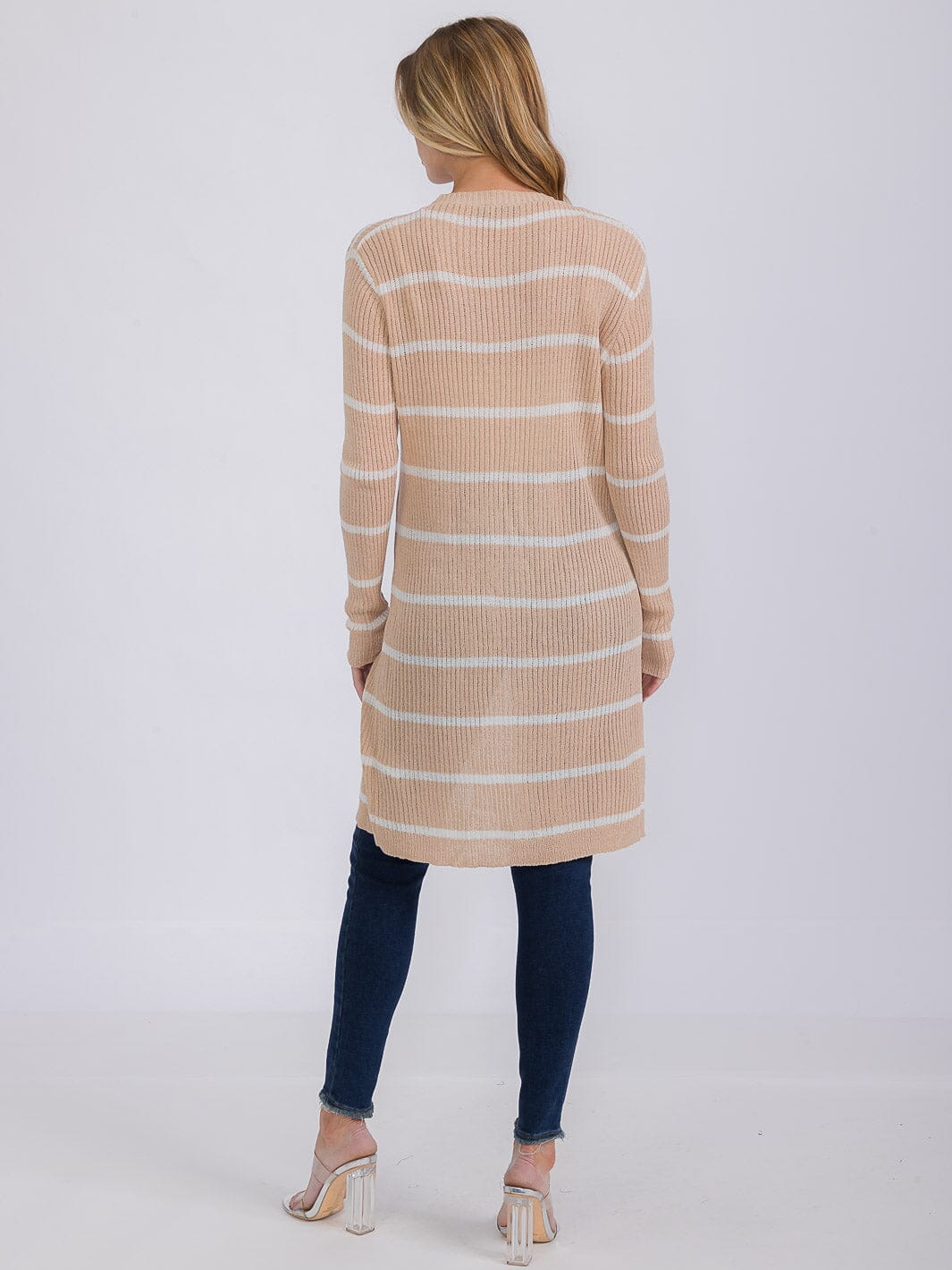 WOMEN'S LONG SLEEVE OPEN COLORBLOCK STRIPES KNIT CARDIGAN