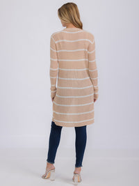 WOMEN'S LONG SLEEVE OPEN COLORBLOCK STRIPES KNIT CARDIGAN