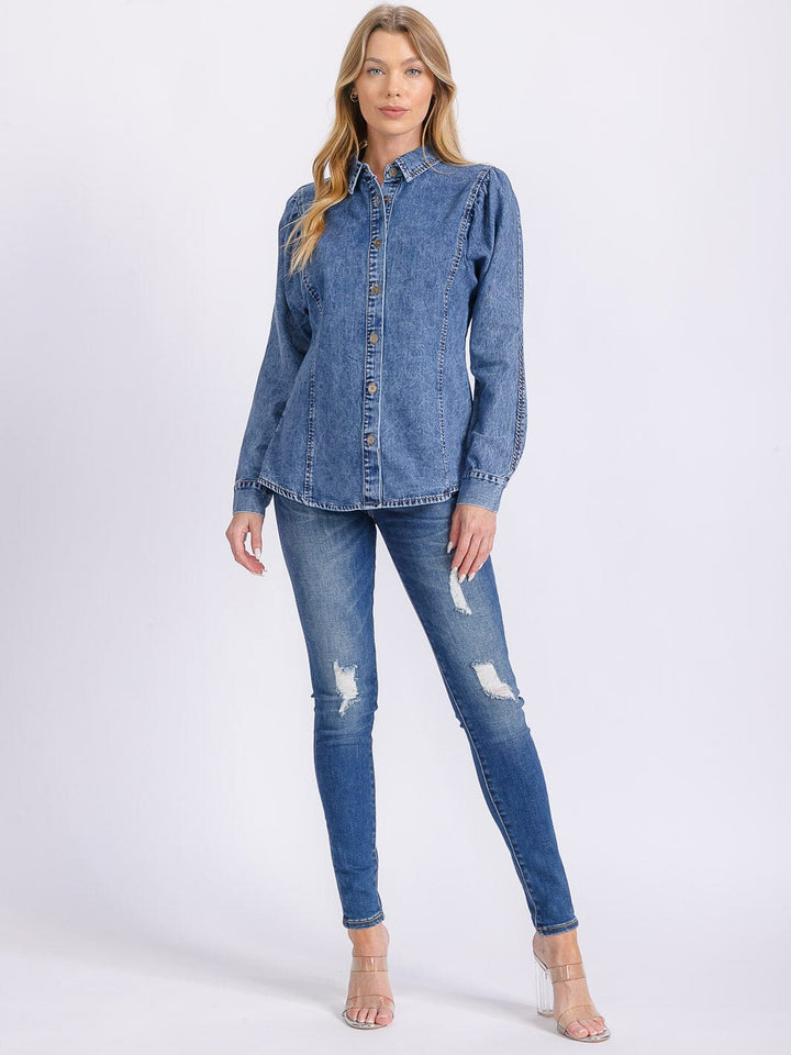 WOMEN'S LONG SLEEVE BUTTON CLOSURE WASHED DENIM BLOUSE