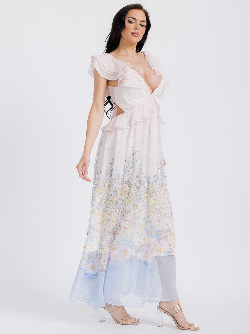 WOMEN'S SLEEVELESS V-NECK RUFFLE OPEN BACK FLORAL MAXI DRESS