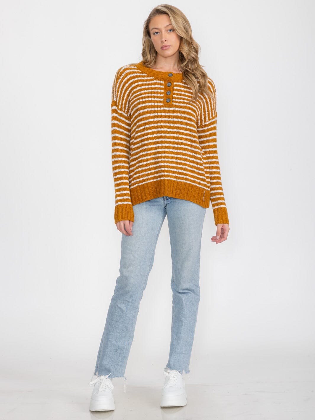 WOMEN'S LONG SLEEVE BUTTON UP KNIT COLORBLOCK PULLOVER SWEATER