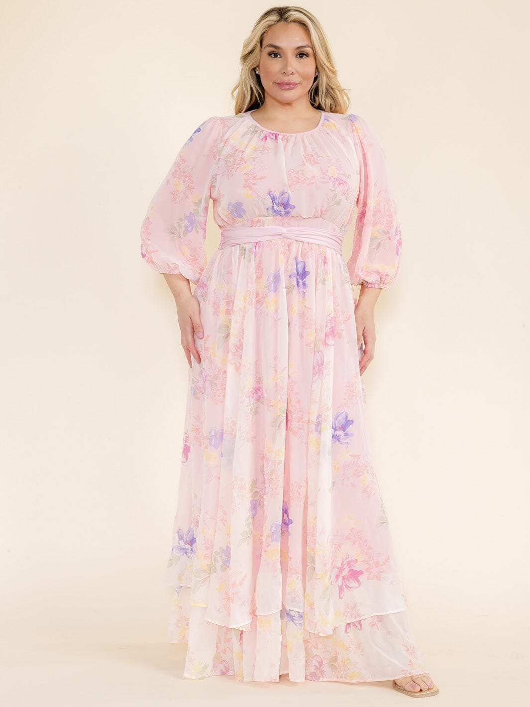PLUS SIZE 3/4 SLEEVE FLOWER PRINT SELF TIE MAXI DRESS