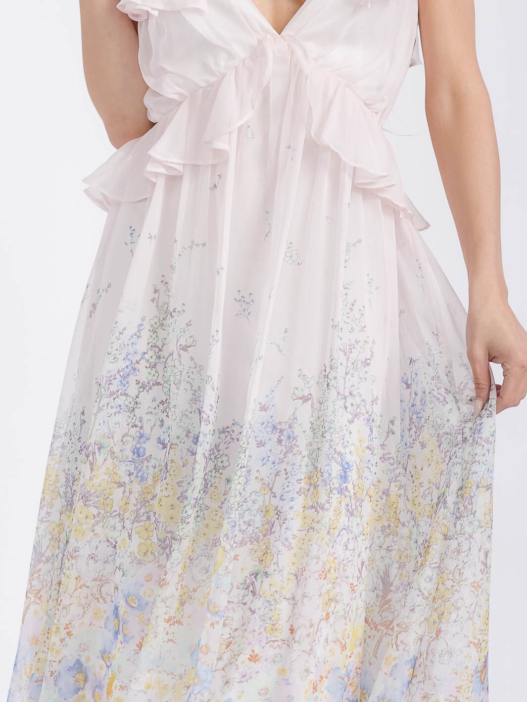 WOMEN'S SLEEVELESS V-NECK RUFFLE OPEN BACK FLORAL MAXI DRESS