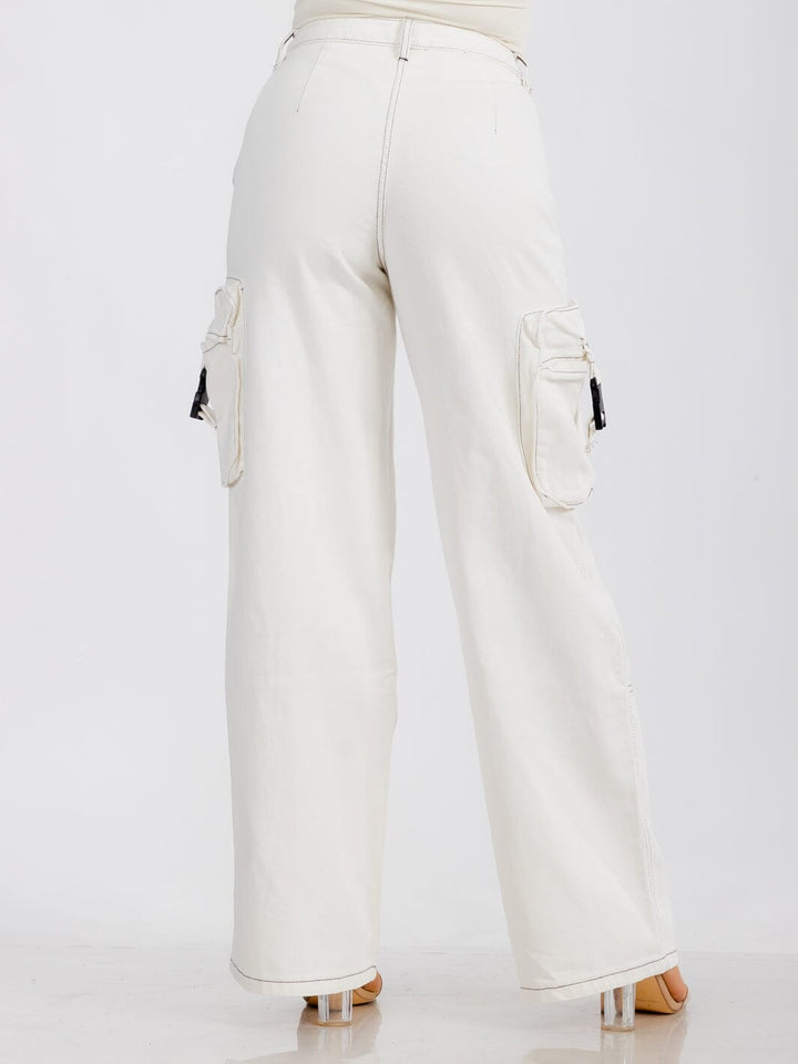 WOMEN'S BUTTON CLOSURE POCKETS WIDE LEG DENIM PANTS