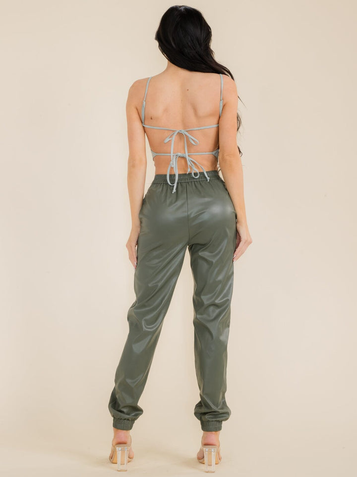 WOMEN'S SLEEVELESS CROP TOP & JOGGER PANTS PU PLEATHER 2PC SETS