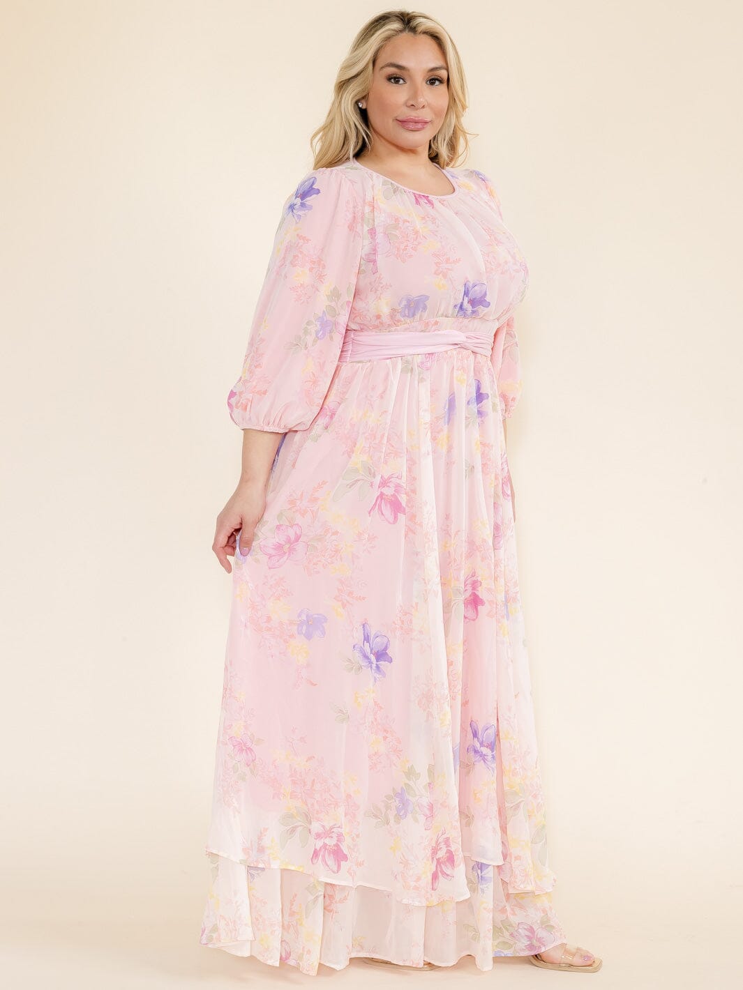 PLUS SIZE 3/4 SLEEVE FLOWER PRINT SELF TIE MAXI DRESS