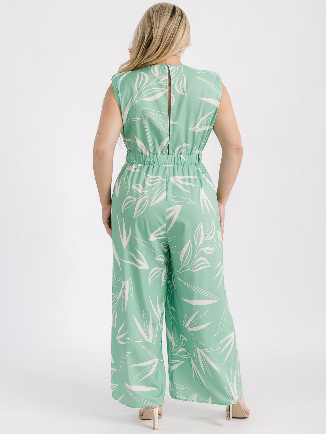 PLUS SIZE SLEEVELESS ELASTIC WAIST FRONT POCKETS LEAF PRINT WIDE LEG JUMPSUIT