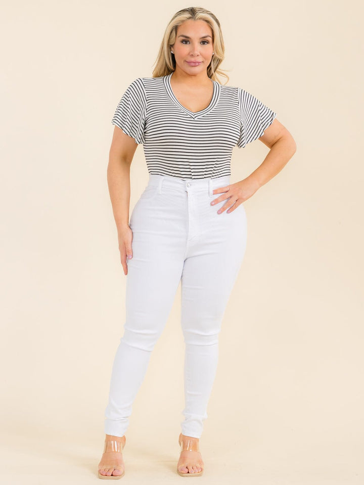 PLUS SIZE SHORT SLEEVE V-NECK STRIPES BODYSUIT