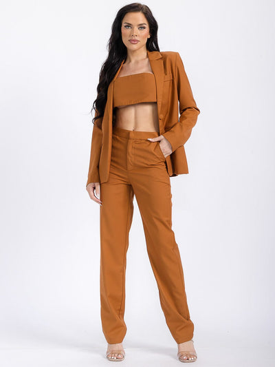 WOMEN'S SLEEVELESS CROP TOP WITH LONG SLEEVE BLAZER & BUTTON CLOSURE PANTS SOLID 3PC. SET