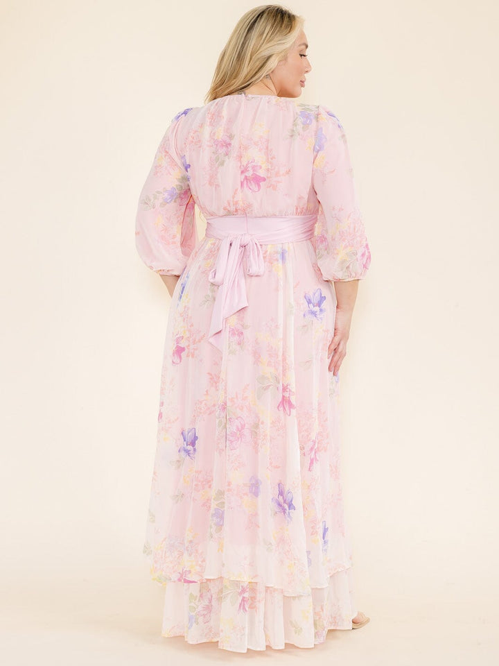 PLUS SIZE 3/4 SLEEVE FLOWER PRINT SELF TIE MAXI DRESS