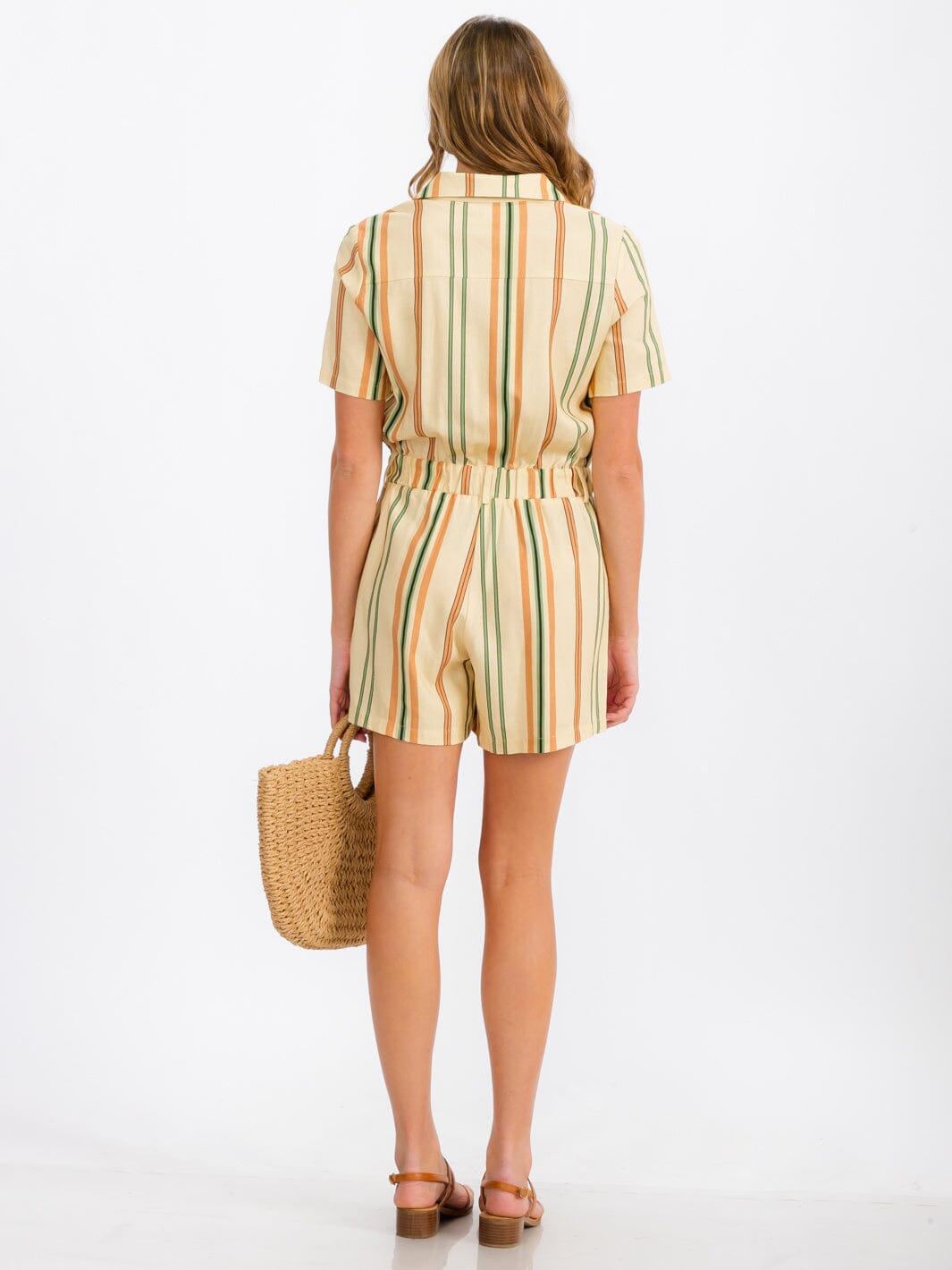 WOMENS' SHORT SLEEVE BUTTON UP FRONT POCKETS MULTI STRIPES ROMPER