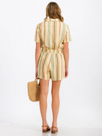 WOMENS' SHORT SLEEVE BUTTON UP FRONT POCKETS MULTI STRIPES ROMPER