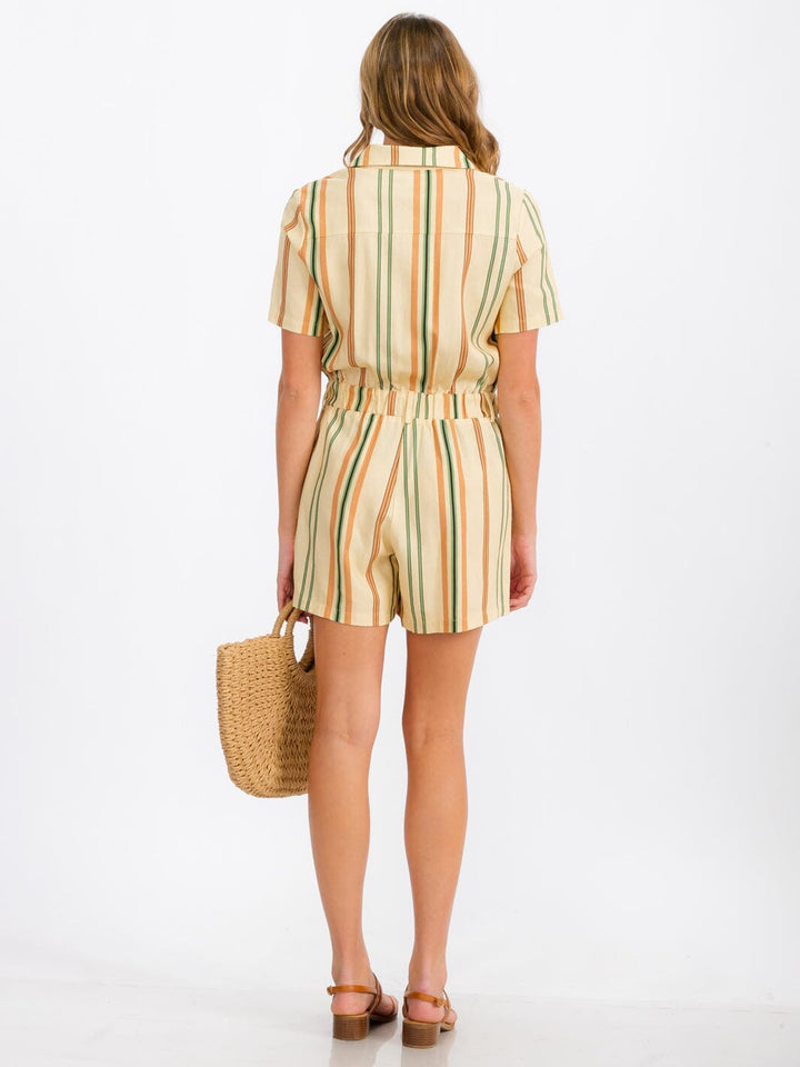 WOMENS' SHORT SLEEVE BUTTON UP FRONT POCKETS MULTI STRIPES ROMPER