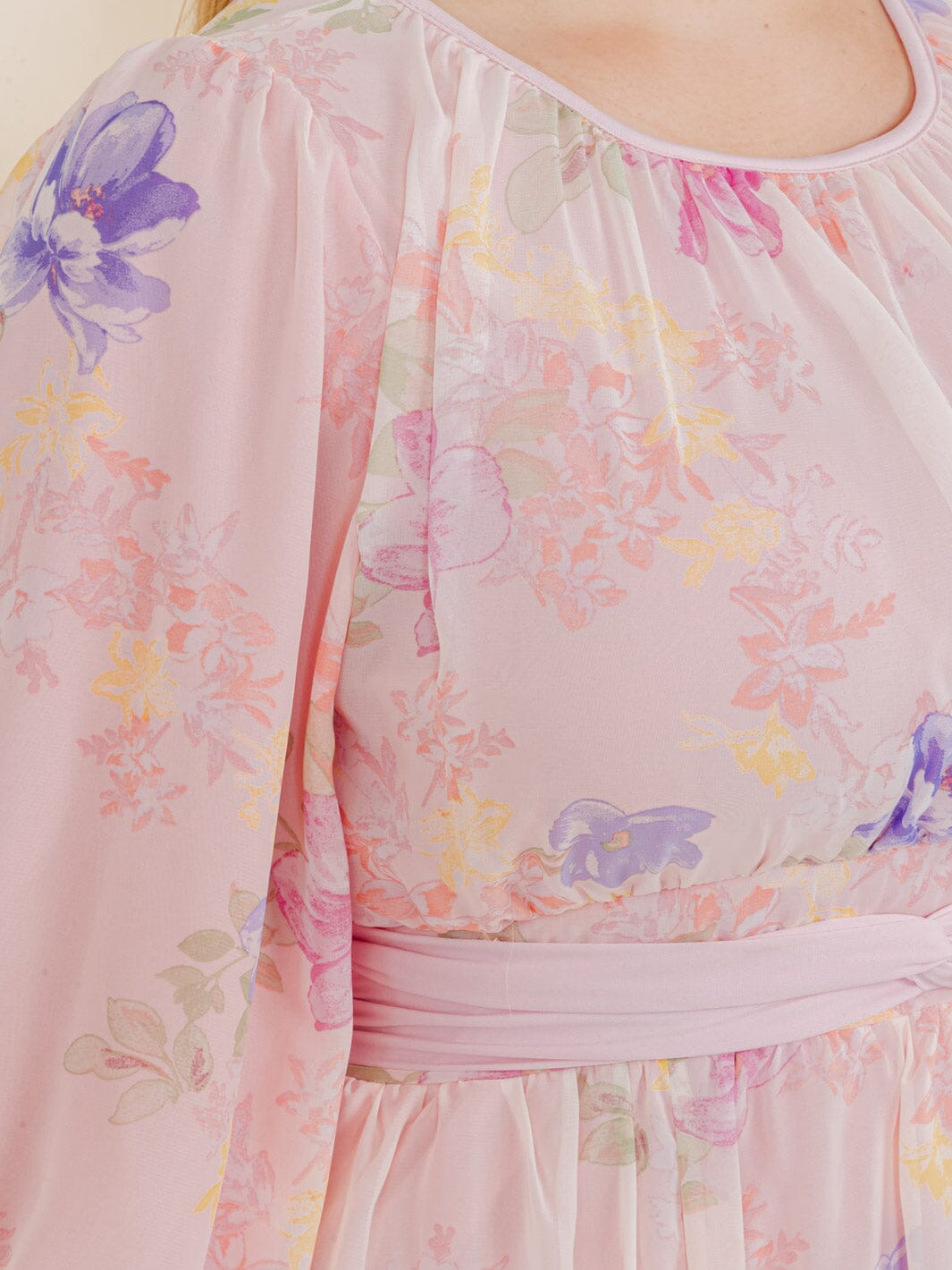 PLUS SIZE 3/4 SLEEVE FLOWER PRINT SELF TIE MAXI DRESS