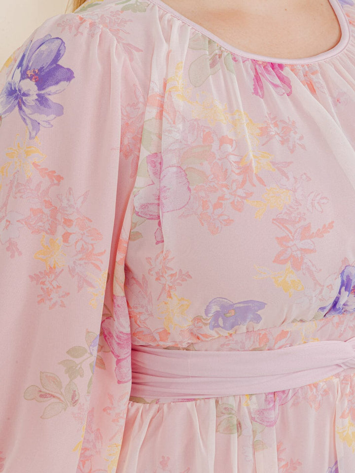 PLUS SIZE 3/4 SLEEVE FLOWER PRINT SELF TIE MAXI DRESS