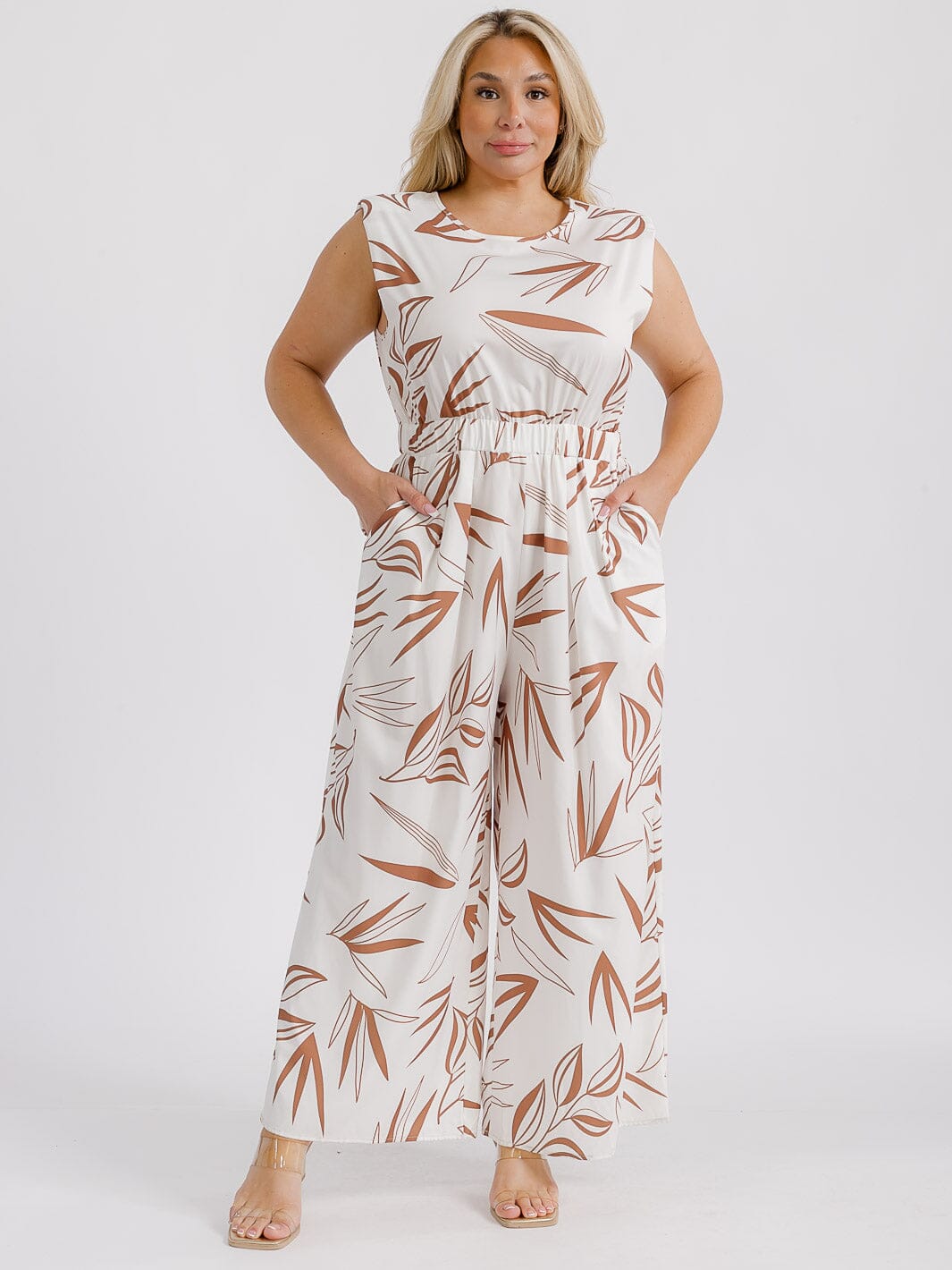 PLUS SIZE SLEEVELESS ELASTIC WAIST FRONT POCKETS LEAF PRINT WIDE LEG JUMPSUIT