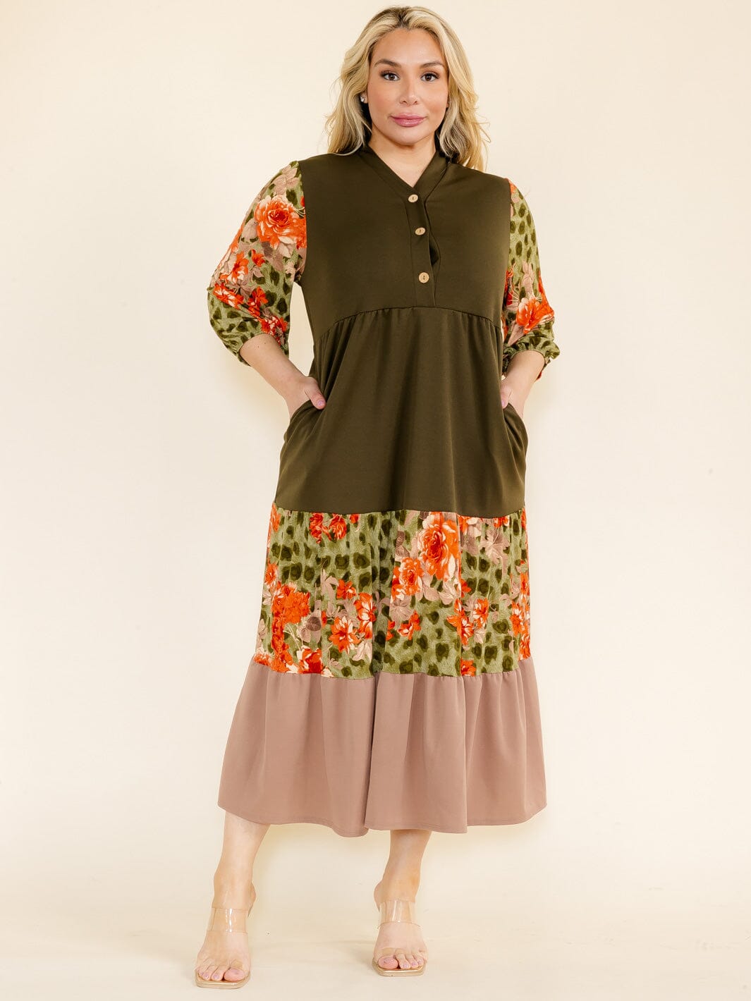 PLUS SIZE 3/4 SLEEVE FRONT POCKETS ANIMAL PRINT COLORBLOCK MAXI DRESS