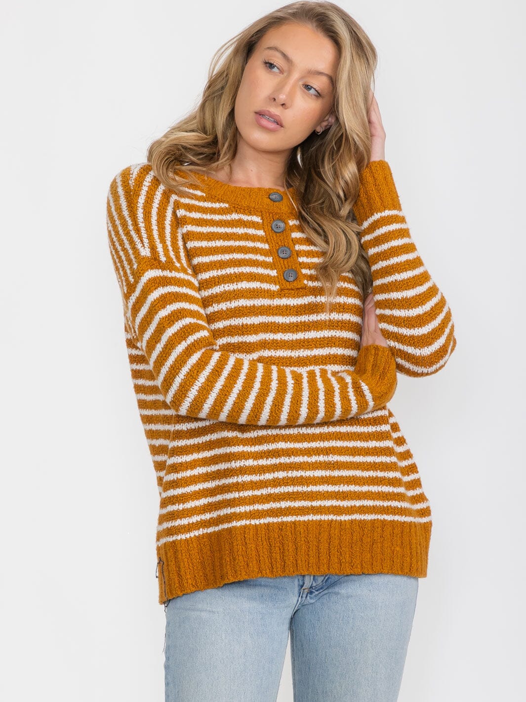 WOMEN'S LONG SLEEVE BUTTON UP KNIT COLORBLOCK PULLOVER SWEATER