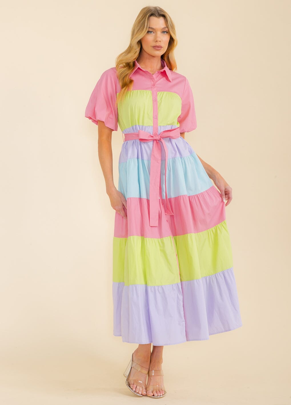 WOMEN'S SHORT SLEEVE BUTTON UP TIERED COLORBLOCK MAXI DRESS