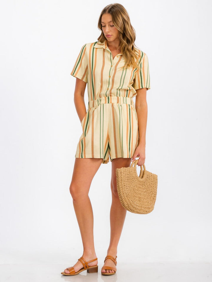 WOMENS' SHORT SLEEVE BUTTON UP FRONT POCKETS MULTI STRIPES ROMPER