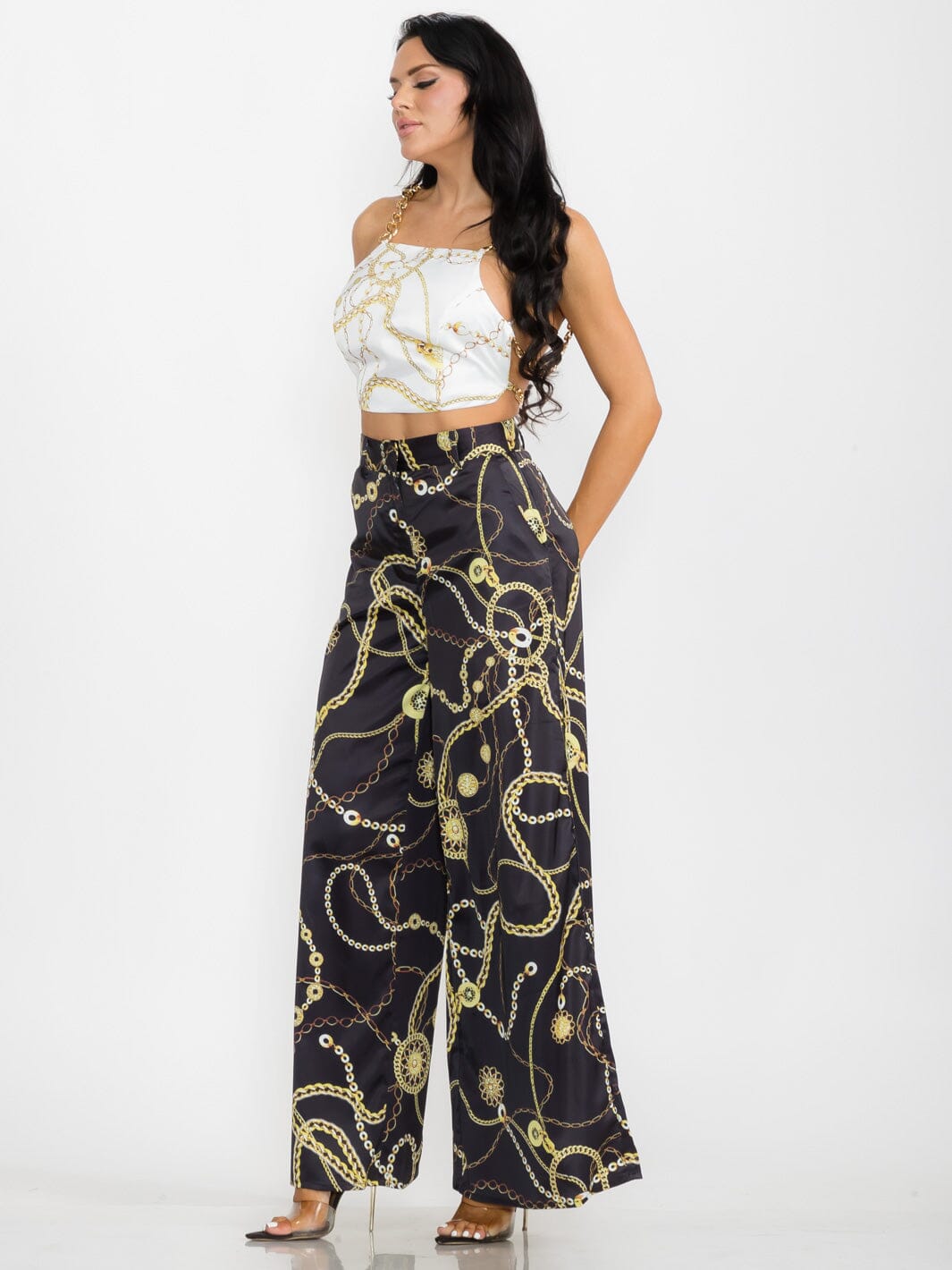 WOMEN'S SLEEVELESS CROP TOP & WIDE LEG PANTS PRINTED 2PC. SET
