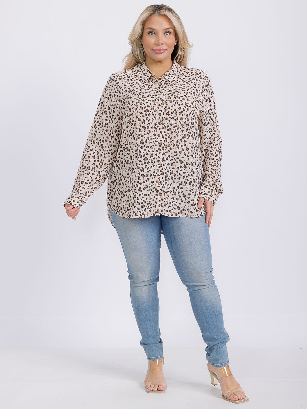 PLUS SIZE LONG SLEEVE BUTTON UP ANIMAL PRINT BLOUSE
