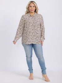 PLUS SIZE LONG SLEEVE BUTTON UP ANIMAL PRINT BLOUSE