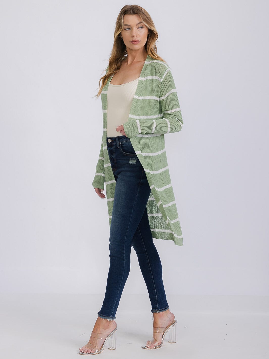 WOMEN'S LONG SLEEVE OPEN COLORBLOCK STRIPES KNIT CARDIGAN