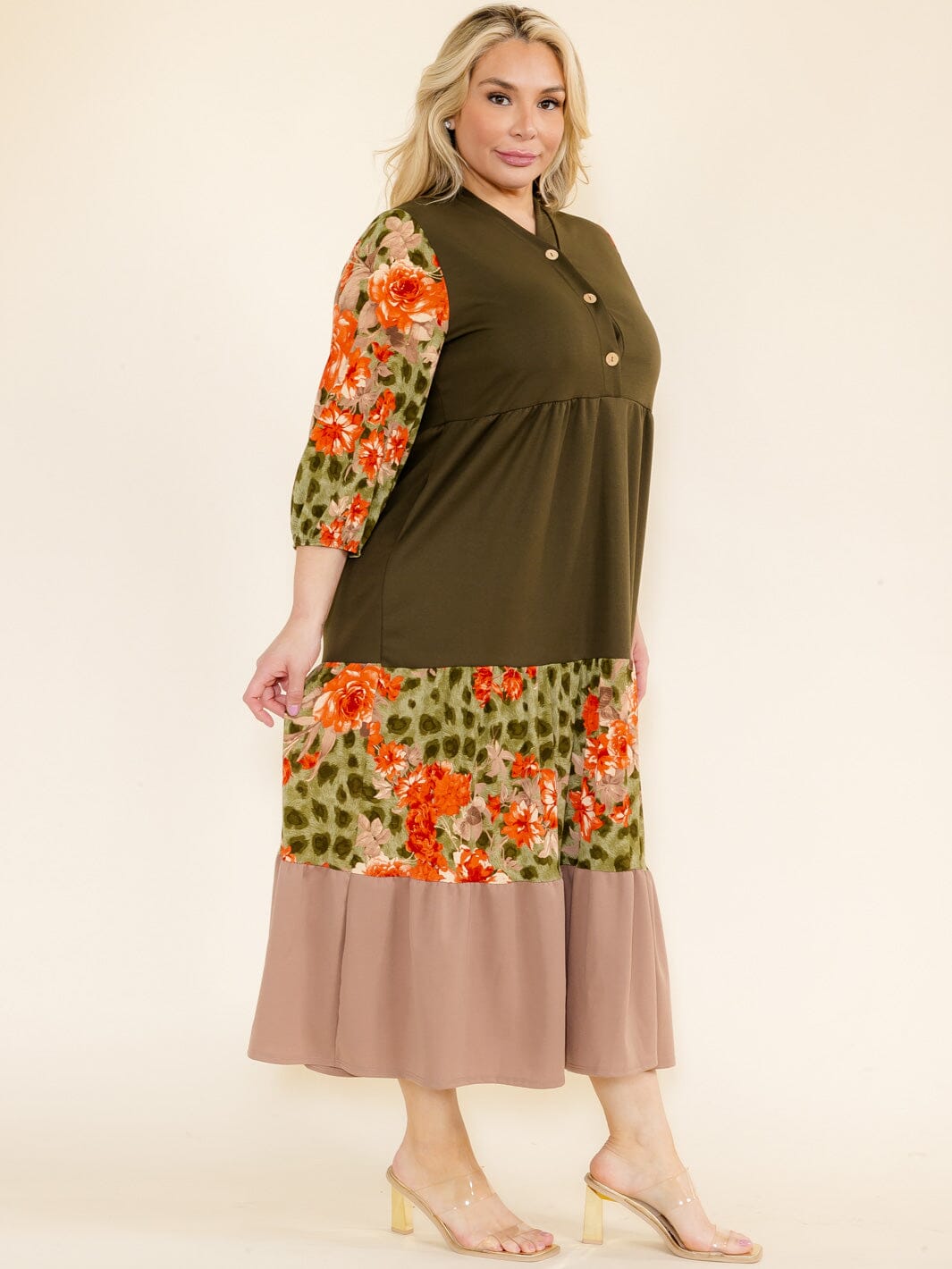 PLUS SIZE 3/4 SLEEVE FRONT POCKETS ANIMAL PRINT COLORBLOCK MAXI DRESS