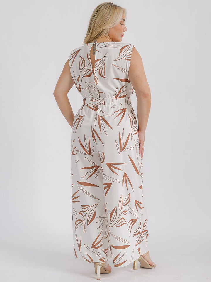 PLUS SIZE SLEEVELESS ELASTIC WAIST FRONT POCKETS LEAF PRINT WIDE LEG JUMPSUIT