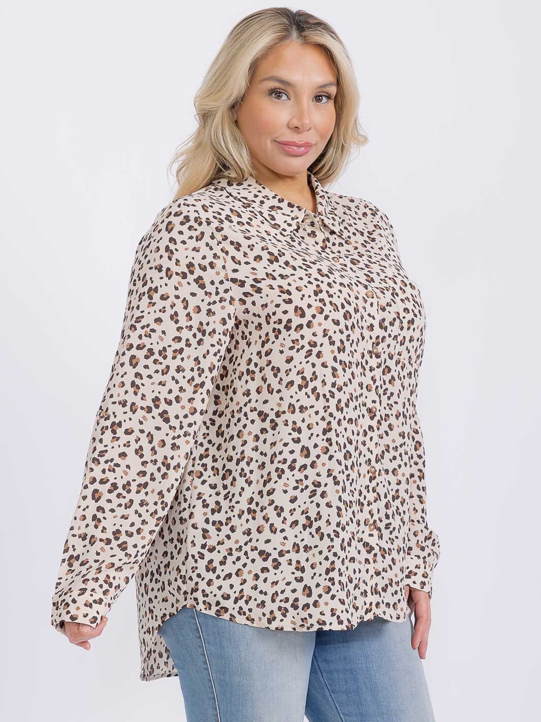 PLUS SIZE LONG SLEEVE BUTTON UP ANIMAL PRINT BLOUSE