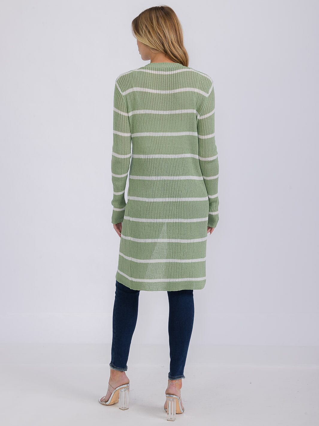 WOMEN'S LONG SLEEVE OPEN COLORBLOCK STRIPES KNIT CARDIGAN